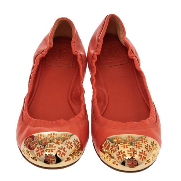 Pre Owned Tory Burch Orange Leather Scrunch Ballet Flats Size 39