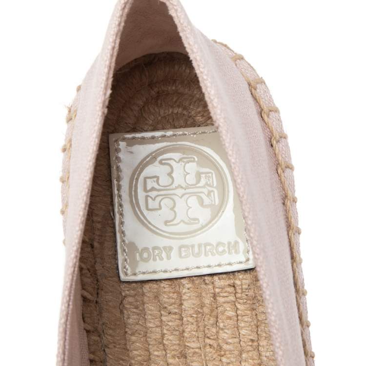 Pre Owned Tory Burch Pink/White Canvas And Patent Espadrille Fats Size 37.5