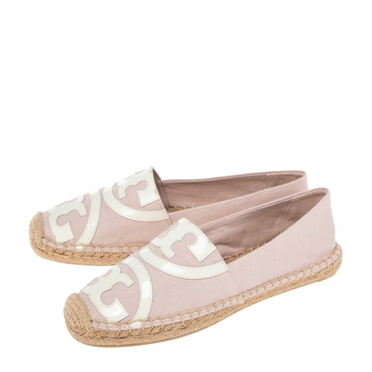 Pre Owned Tory Burch Pink/White Canvas And Patent Espadrille Fats Size 37.5
