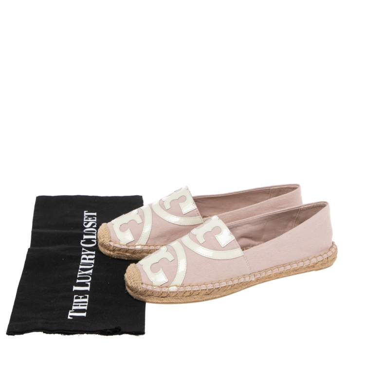 Pre Owned Tory Burch Pink/White Canvas And Patent Espadrille Fats Size 37.5