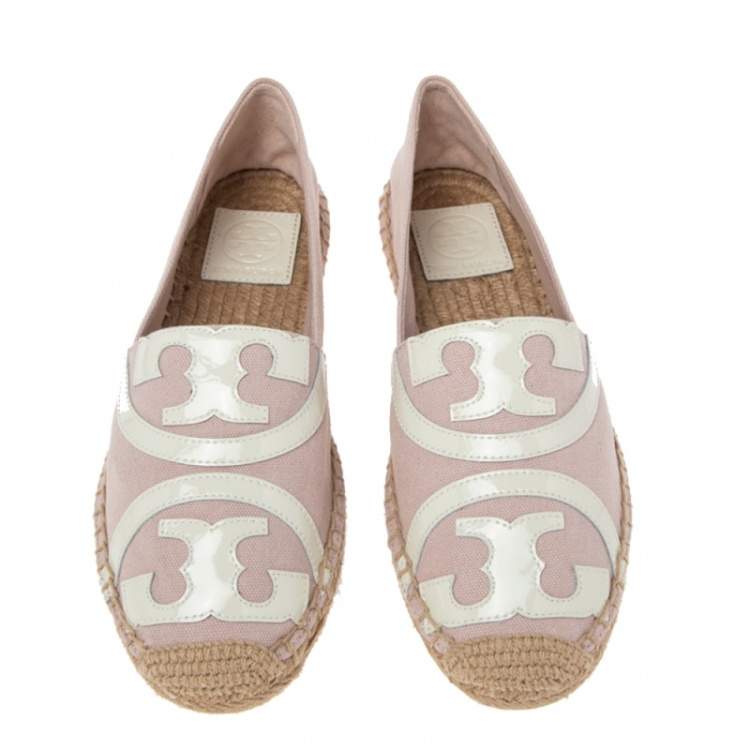 Pre Owned Tory Burch Pink/White Canvas And Patent Espadrille Fats Size 37.5