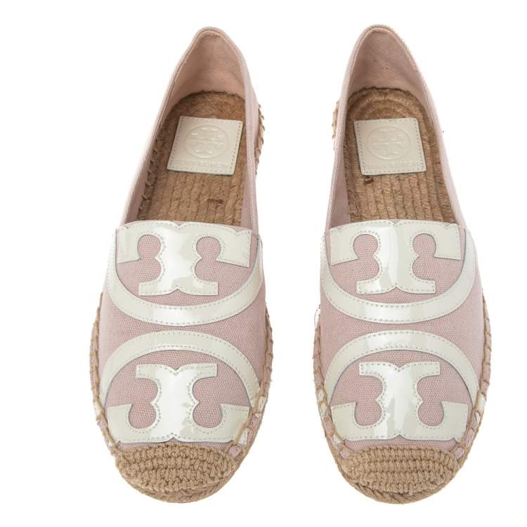 Pre Owned Tory Burch White/Pink Canvas And Patent Espadrille Flats Size 37