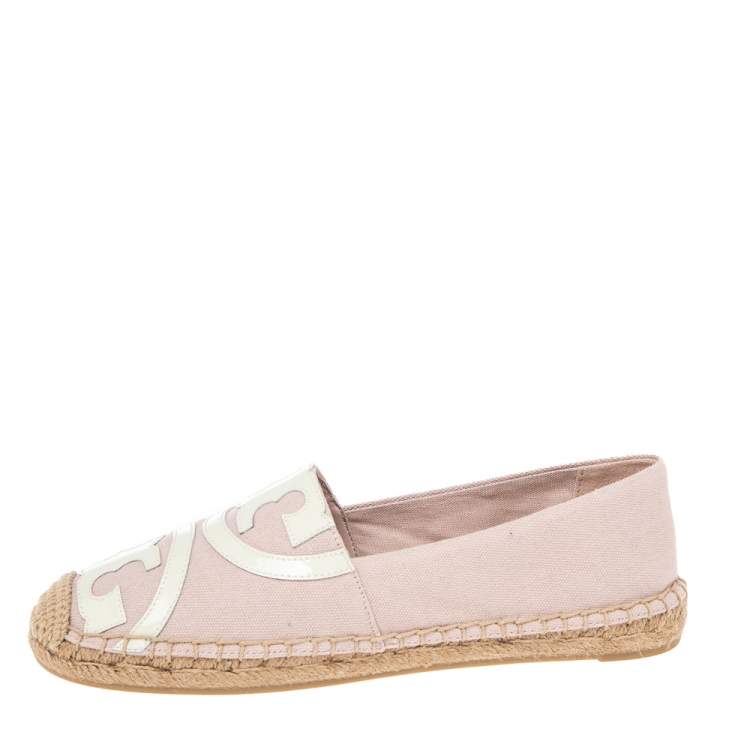 Pre Owned Tory Burch White/Pink Canvas And Patent Espadrille Flats Size 37