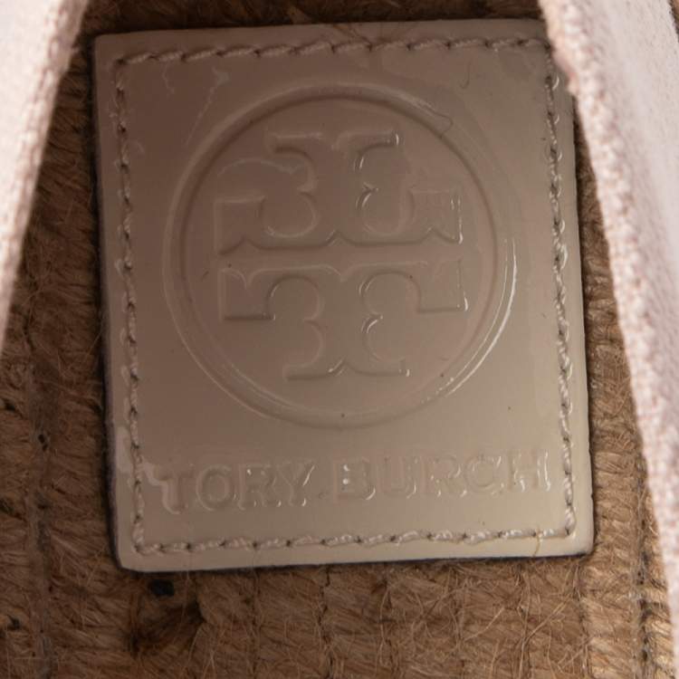Pre Owned Tory Burch White/Pink Canvas And Patent Espadrille Flats Size 37