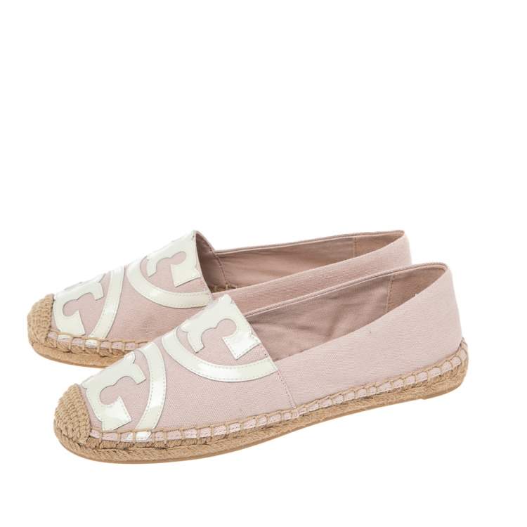 Pre Owned Tory Burch White/Pink Canvas And Patent Espadrille Flats Size 37