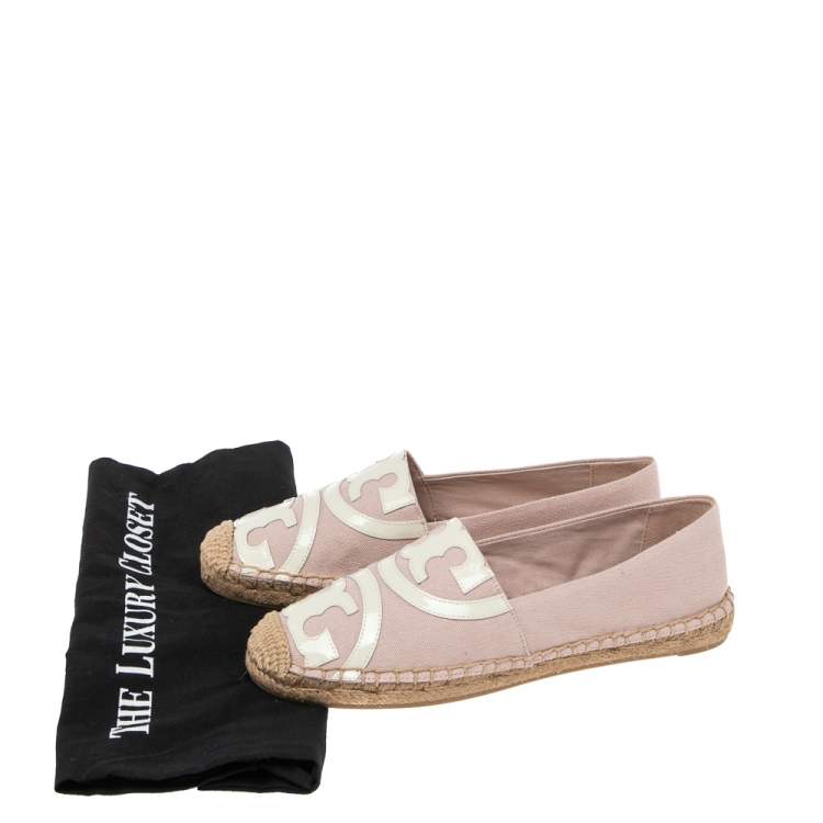 Pre Owned Tory Burch White/Pink Canvas And Patent Espadrille Flats Size 37