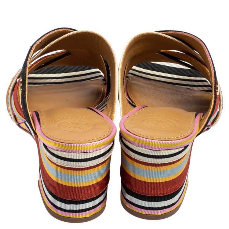 Pre Owned Tory Burch Multicolor Webbing Fabric Stripe Graham Slide Sandals Size 37