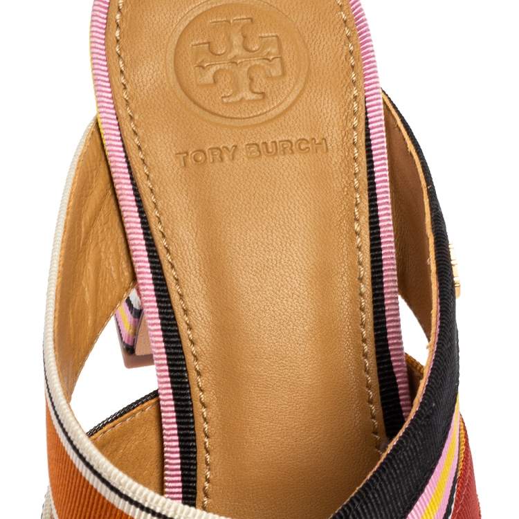 Pre Owned Tory Burch Multicolor Webbing Fabric Stripe Graham Slide Sandals Size 37