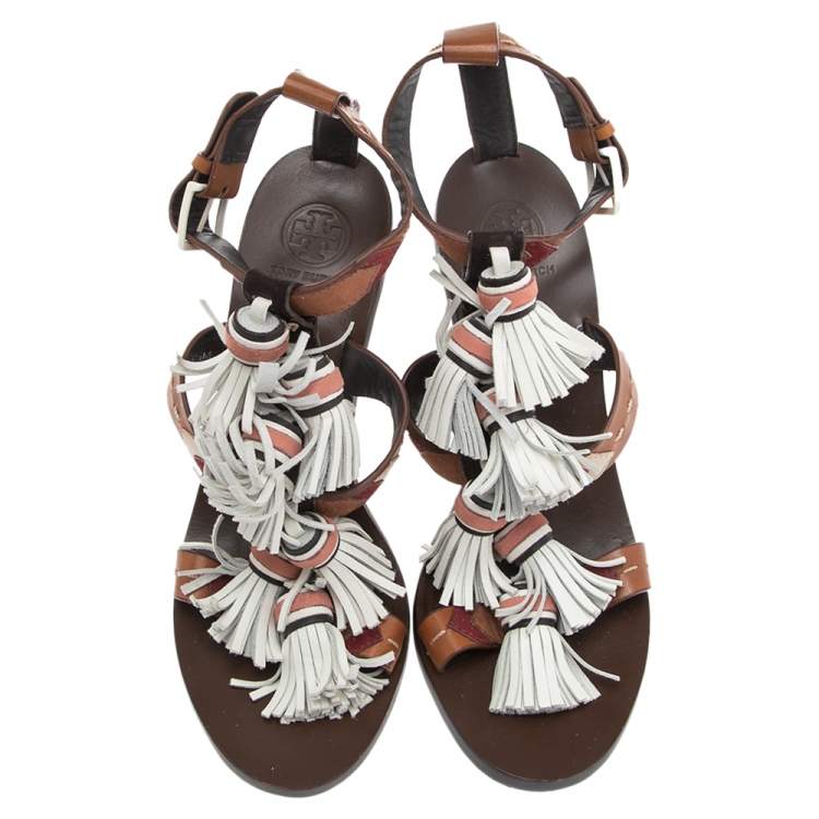 Pre Owned Tory Burch Multicolor Leather Tassels Block Heel Sandals Size 38.5