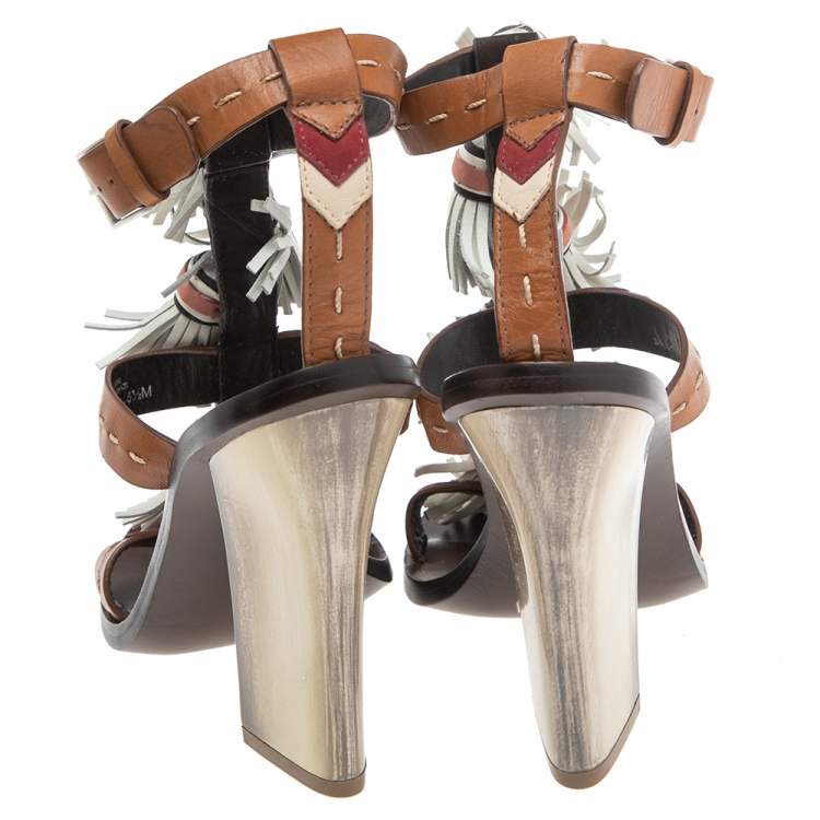 Pre Owned Tory Burch Multicolor Leather Tassels Block Heel Sandals Size 38.5