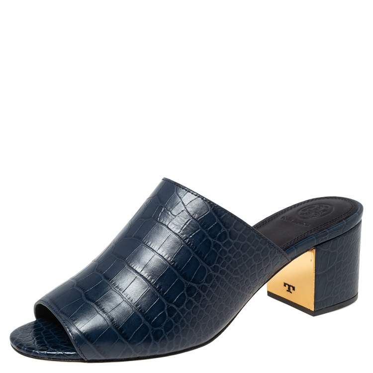 Pre Owned Tory Burch Blue Crocodile Embossed Leather Martine Mules Size 38