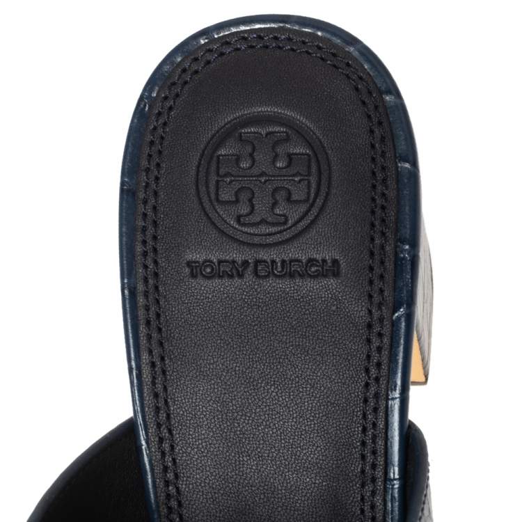 Pre Owned Tory Burch Blue Crocodile Embossed Leather Martine Mules Size 38