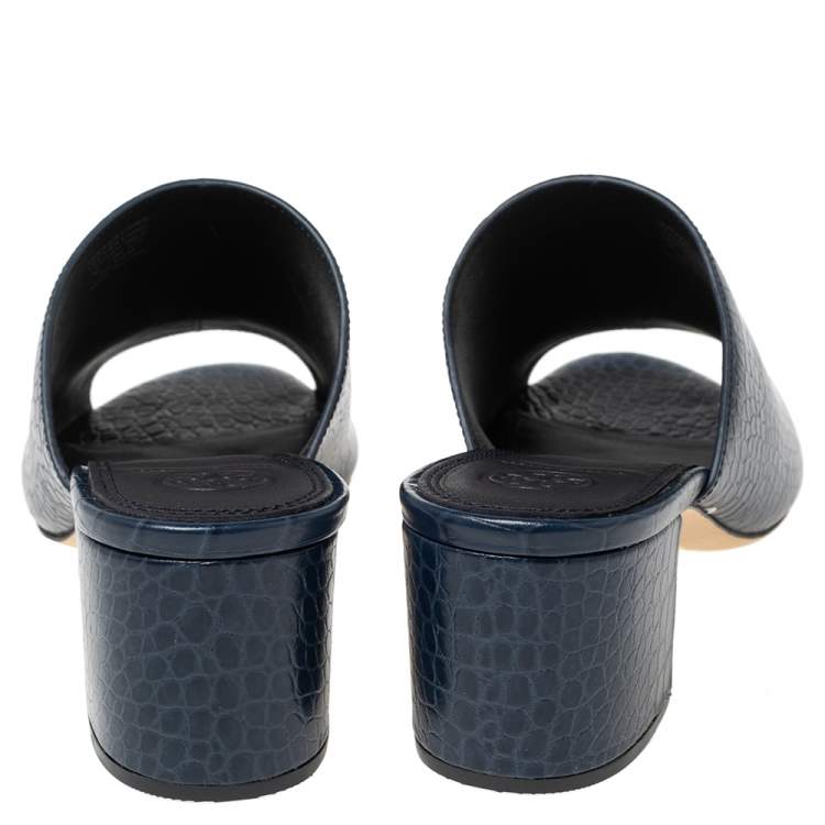 Pre Owned Tory Burch Blue Crocodile Embossed Leather Martine Mules Size 38