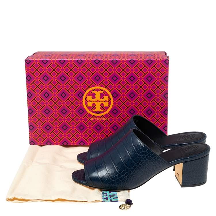 Pre Owned Tory Burch Blue Crocodile Embossed Leather Martine Mules Size 38