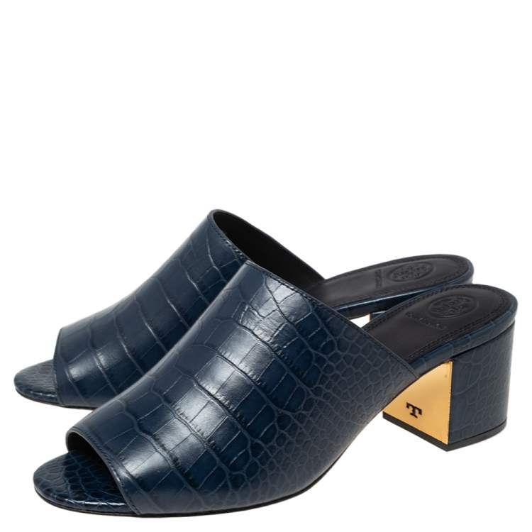 Pre Owned Tory Burch Blue Crocodile Embossed Leather Martine Mules Size 38