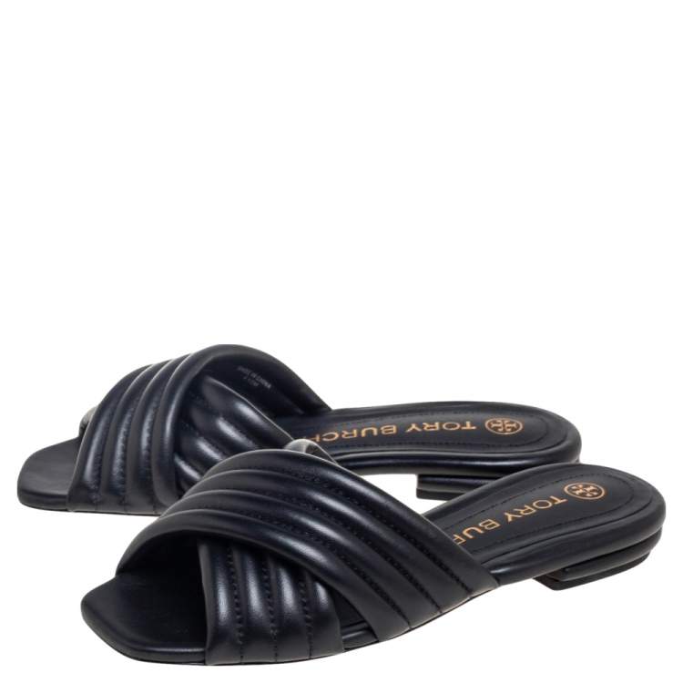 Pre Owned Tory Burch Black Quilted Leather Kira Flat Slide Sandals Size 37