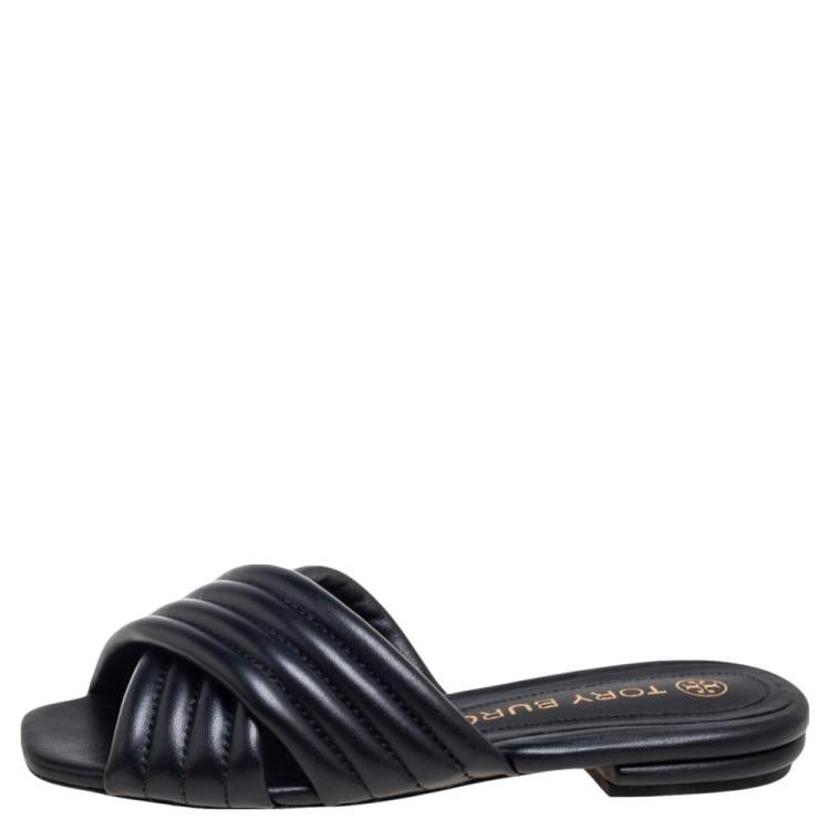 Tory Burch Black Quilted Leather Kira Flat Slide Sandals Size 37 Tory Burch  | TLC