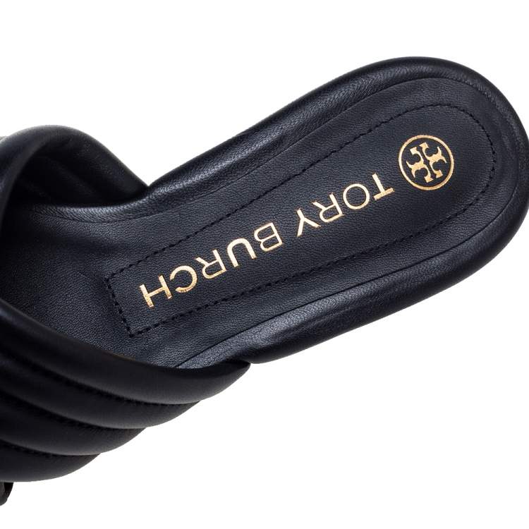 Pre Owned Tory Burch Black Quilted Leather Kira Flat Slide Sandals Size 37