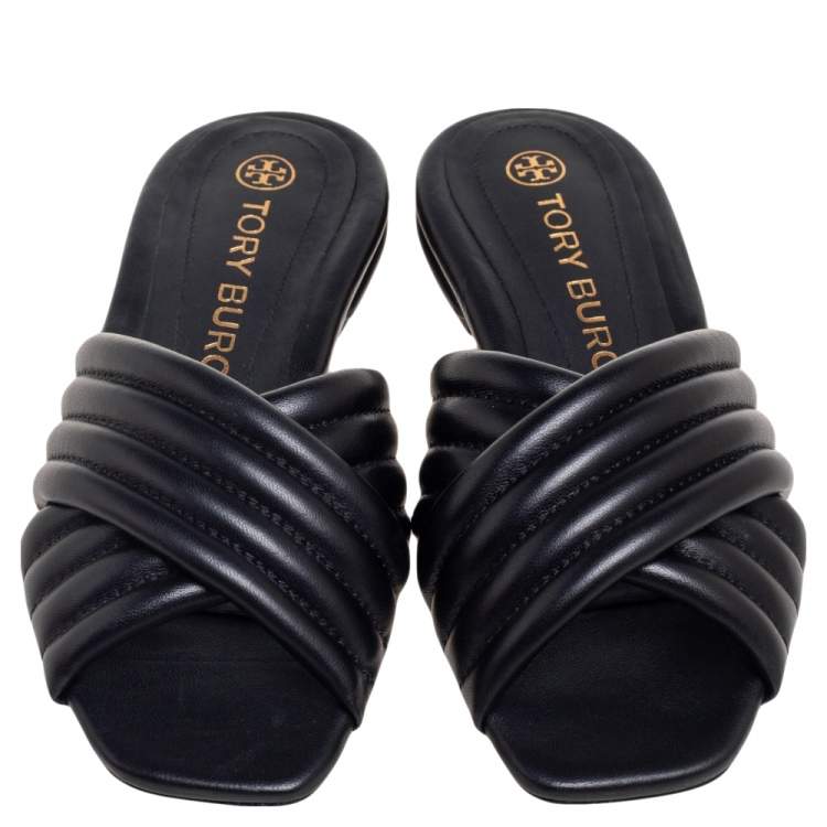 Pre Owned Tory Burch Black Quilted Leather Kira Flat Slide Sandals Size 37