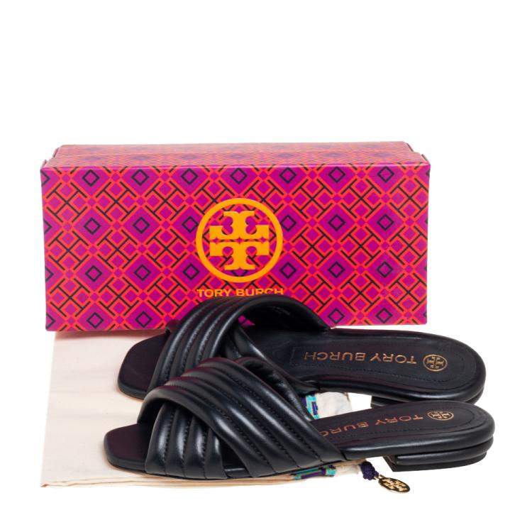 Pre Owned Tory Burch Black Quilted Leather Kira Flat Slide Sandals Size 37