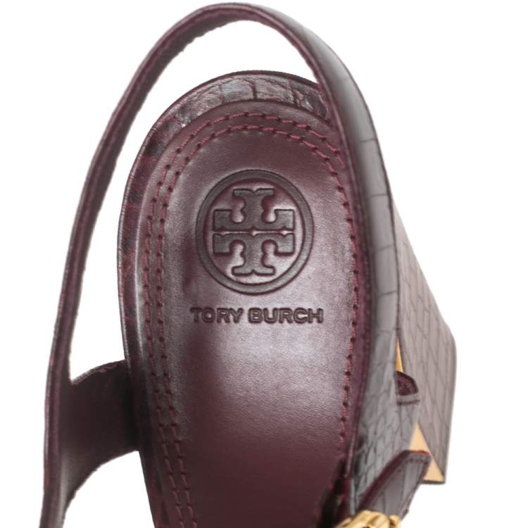 Pre Owned Tory Burch Burgundy Croc Embossed Leather Martine Platform Sandals Size 41