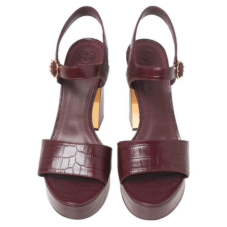 Pre Owned Tory Burch Burgundy Croc Embossed Leather Martine Platform Sandals Size 41