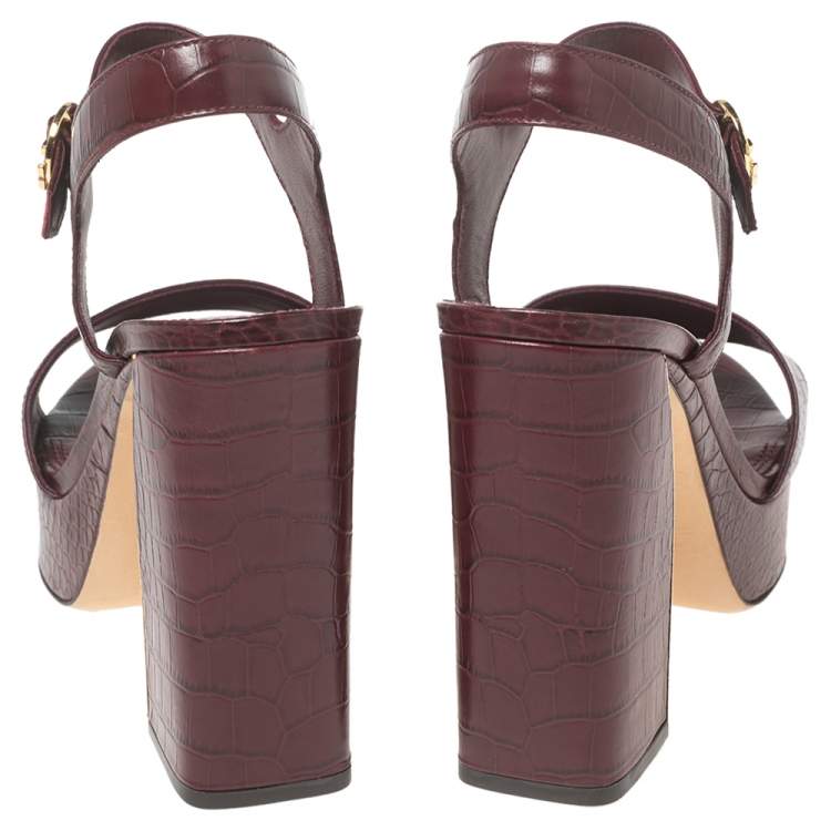 Pre Owned Tory Burch Burgundy Croc Embossed Leather Martine Platform Sandals Size 41