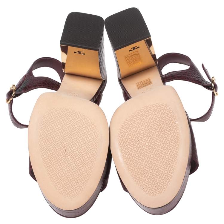 Pre Owned Tory Burch Burgundy Croc Embossed Leather Martine Platform Sandals Size 41