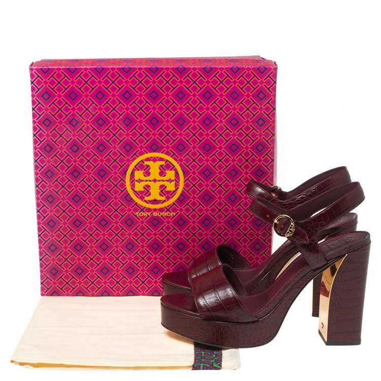 Pre Owned Tory Burch Burgundy Croc Embossed Leather Martine Platform Sandals Size 41