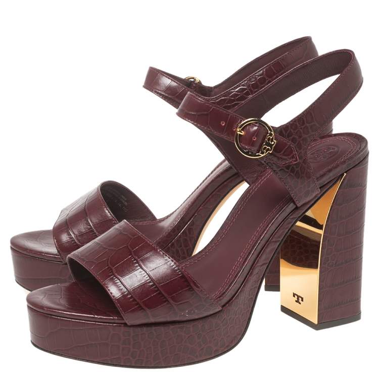Pre Owned Tory Burch Burgundy Croc Embossed Leather Martine Platform Sandals Size 41