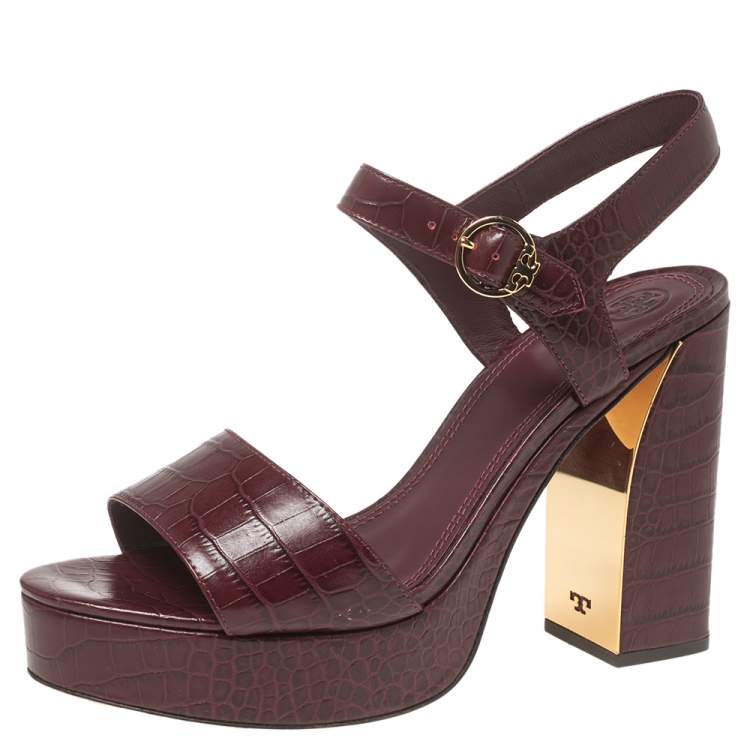 Pre Owned Tory Burch Burgundy Croc Embossed Leather Martine Platform Sandals Size 41