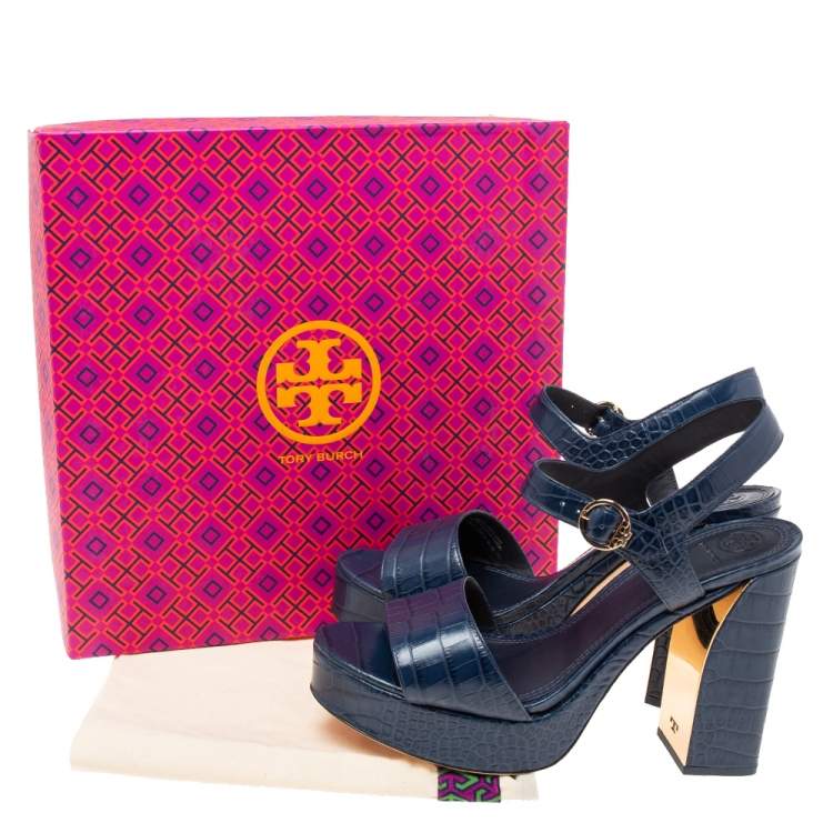 Pre Owned Tory Burch Navy Blue Croc Embossed Martine Platform Ankle Strap Sandals Size 41