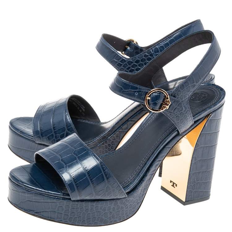 Pre Owned Tory Burch Navy Blue Croc Embossed Martine Platform Ankle Strap Sandals Size 41