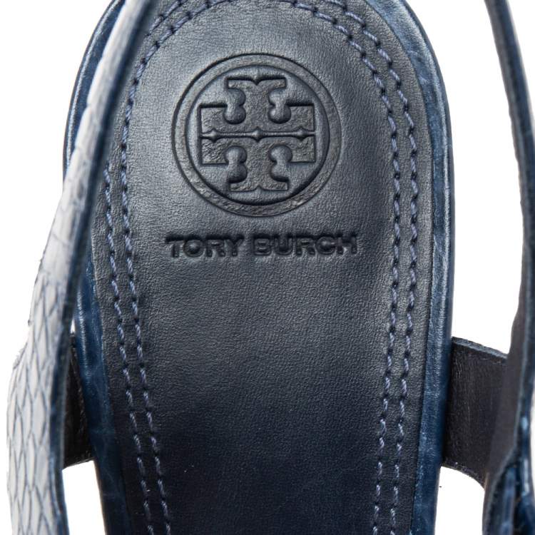 Pre Owned Tory Burch Navy Blue Croc Embossed Martine Platform Ankle Strap Sandals Size 41