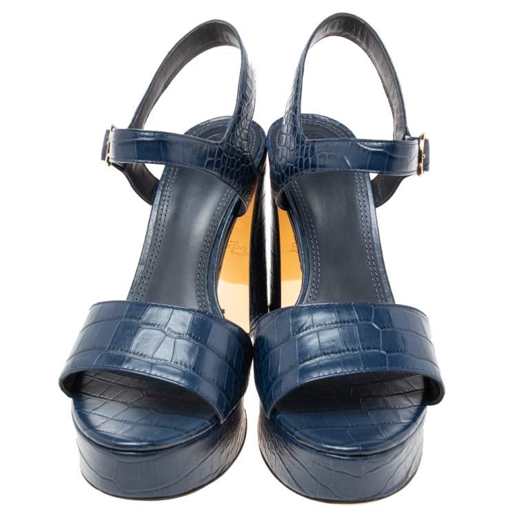 Pre Owned Tory Burch Navy Blue Croc Embossed Martine Platform Ankle Strap Sandals Size 41