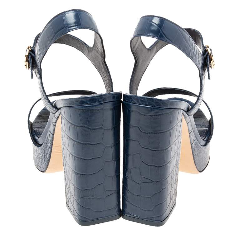 Pre Owned Tory Burch Navy Blue Croc Embossed Martine Platform Ankle Strap Sandals Size 41