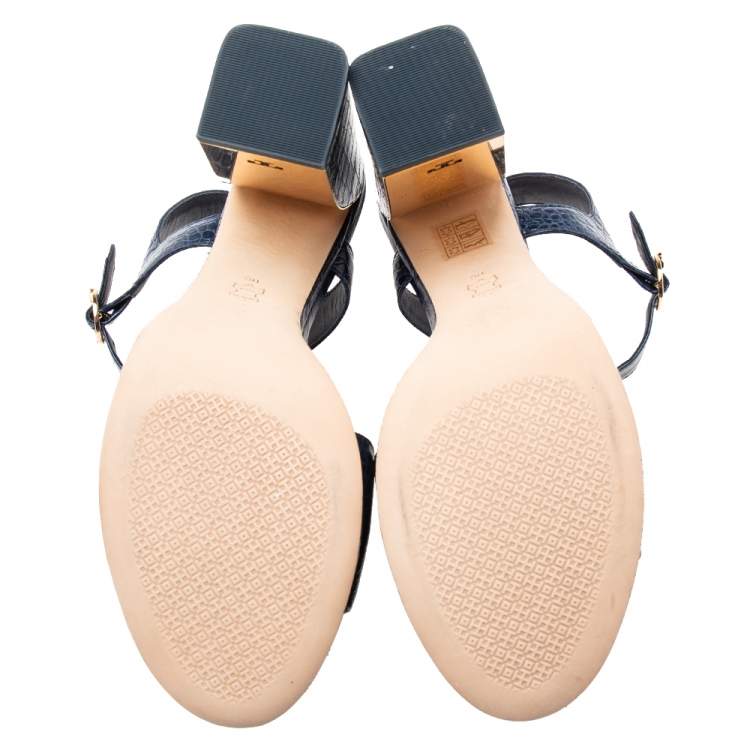 Pre Owned Tory Burch Navy Blue Croc Embossed Martine Platform Ankle Strap Sandals Size 41