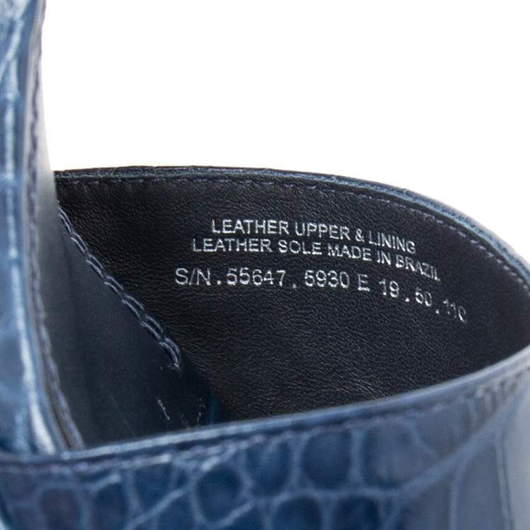 Pre Owned Tory Burch Navy Blue Croc Embossed Martine Platform Ankle Strap Sandals Size 41