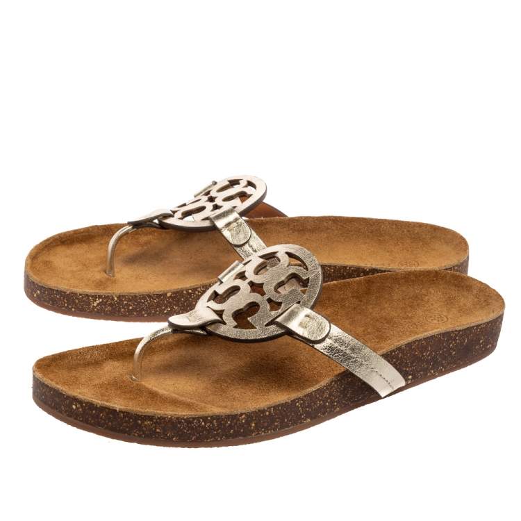Pre Owned Tory Burch Metallic Leather Miller Cloud Cork Sandals Size 40