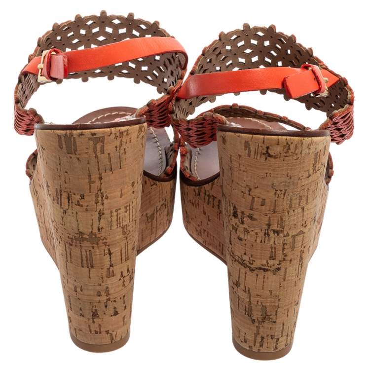 Pre Owned Tory Burch Coral Red Laser Cut Leather Daisy Cork Wedge Platform Sandals Size 40.5