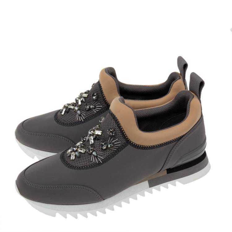 Pre Owned Tory Burch Grey/Brown Fabric Storm Cloud Crystal Embellished Slip On Sneakers Size 40 