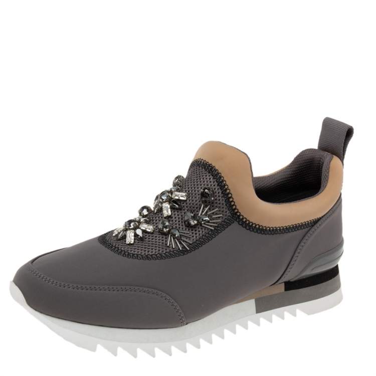 Pre Owned Tory Burch Grey/Brown Fabric Storm Cloud Crystal Embellished Slip On Sneakers Size 40 