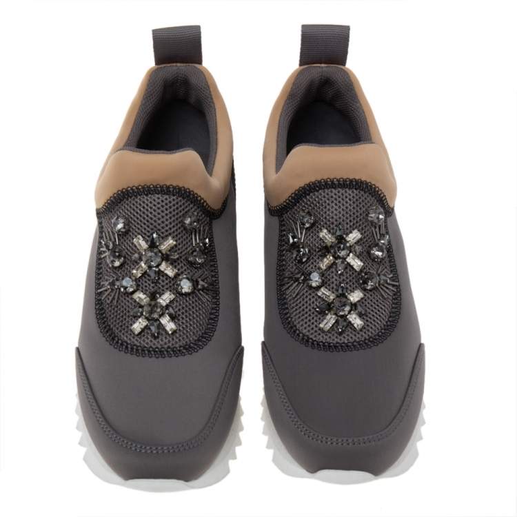 Pre Owned Tory Burch Grey/Brown Fabric Storm Cloud Crystal Embellished Slip On Sneakers Size 40 
