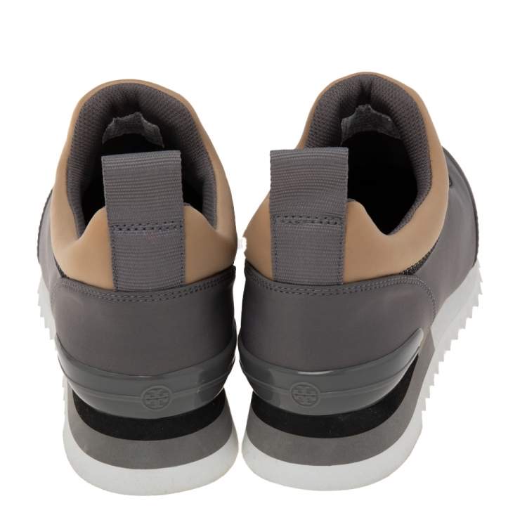 Pre Owned Tory Burch Grey/Brown Fabric Storm Cloud Crystal Embellished Slip On Sneakers Size 40 