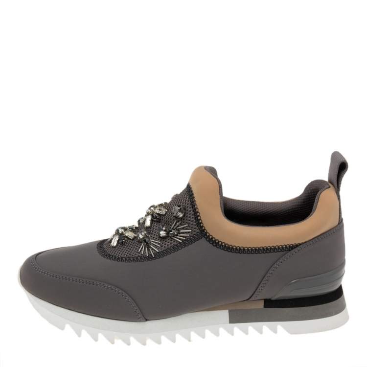 Pre Owned Tory Burch Grey/Brown Fabric Storm Cloud Crystal Embellished Slip On Sneakers Size 40 