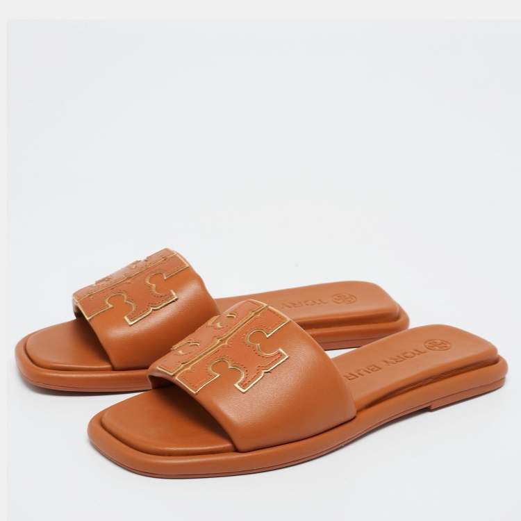 Pre Owned Tory Burch Brown Leather Double T Sport Slide Flats Size 36.5