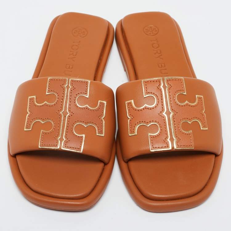 Pre Owned Tory Burch Brown Leather Double T Sport Slide Flats Size 36.5