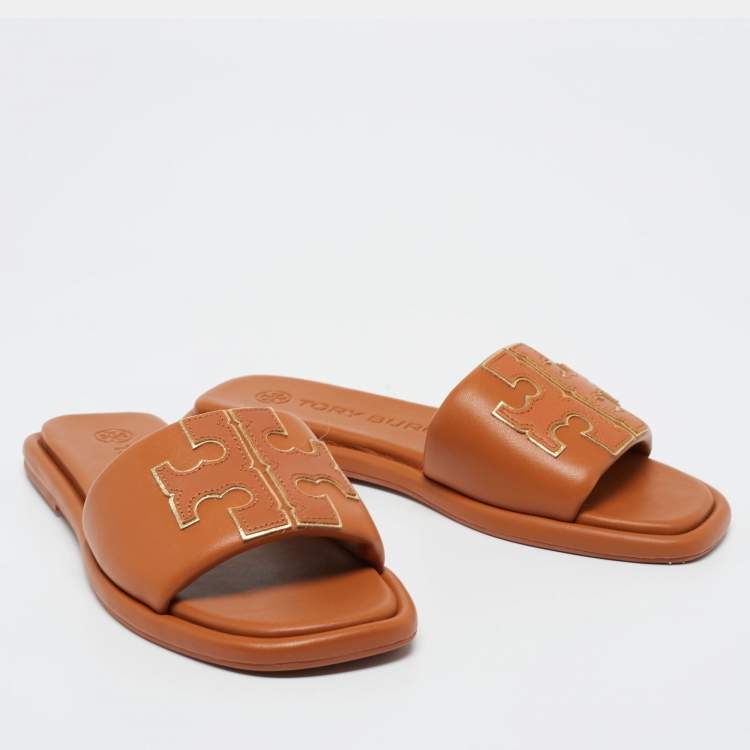 Pre Owned Tory Burch Brown Leather Double T Sport Slide Flats Size 36.5