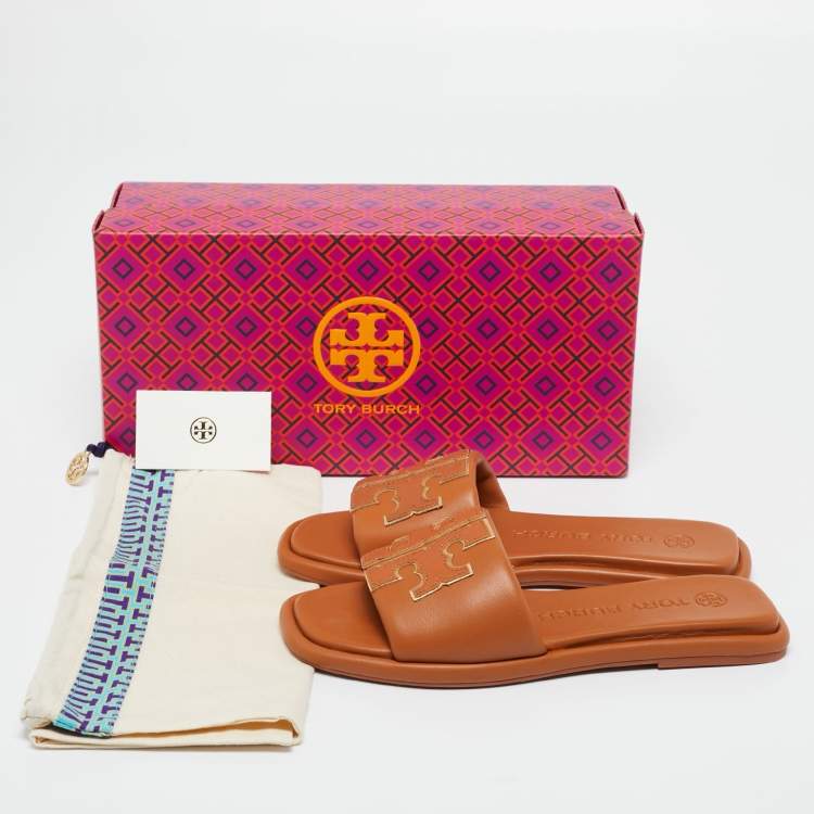 Pre Owned Tory Burch Brown Leather Double T Sport Slide Flats Size 36.5