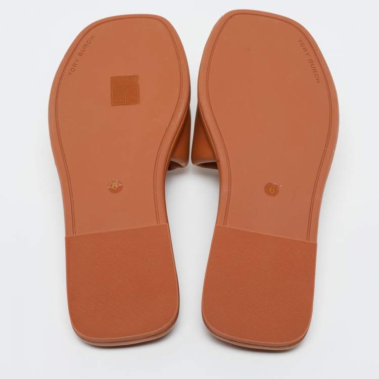Pre Owned Tory Burch Brown Leather Double T Sport Slide Flats Size 36.5